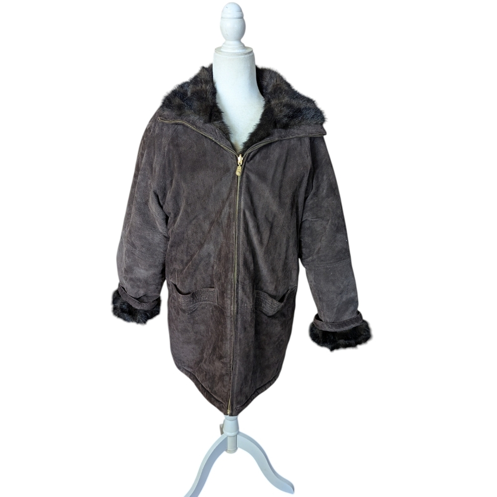 Reversible Chocolate Brown Suede & Plush Faux Mink Coat Luxe Winter Old Money L - Picture 2 of 12